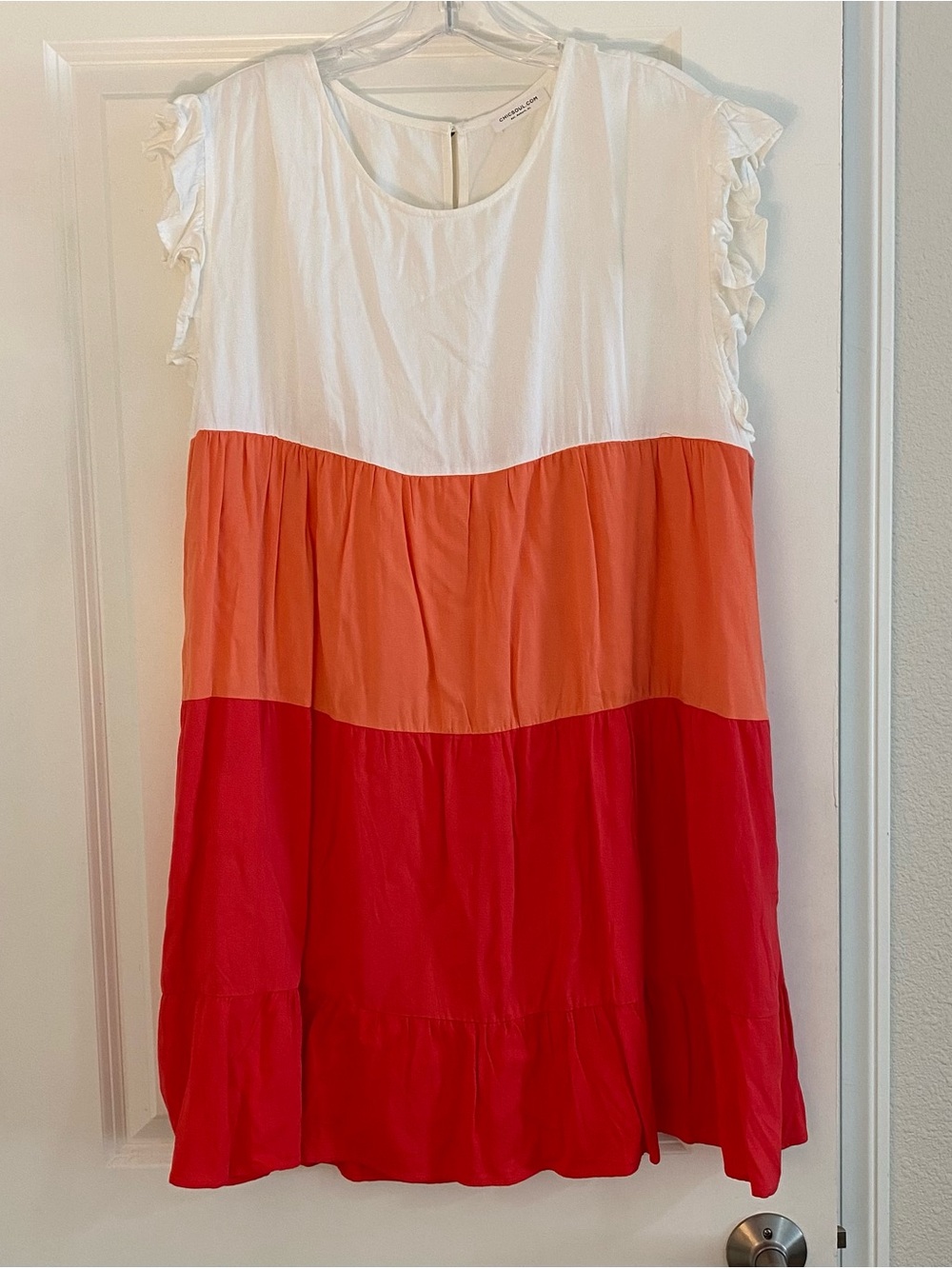 Colorblock Ruffle Sleeve Tiered Dress - White, Coral & Red